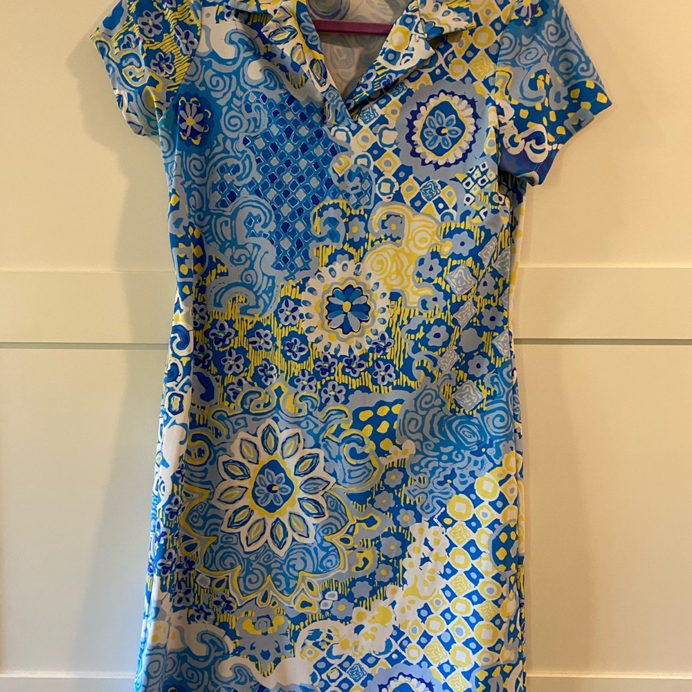 Jude Connally Blue and Gold Sheath Dress